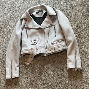 ZARA FAUX SUEDE BIKER JACKET WITH ZIPPER AND BELT CLOSURE